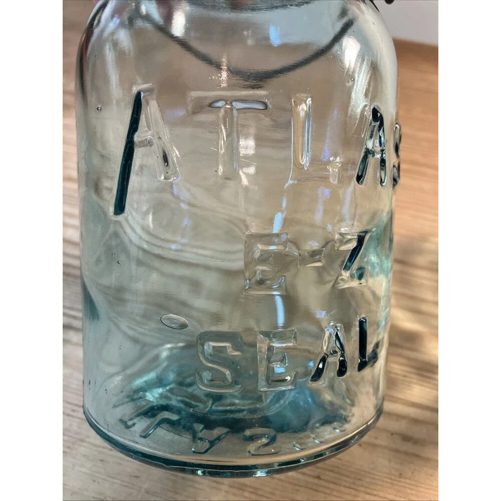 Pair of Vintage QT Atlas E-Z Seal Aqua Glass Canning Jars/Wire Bail